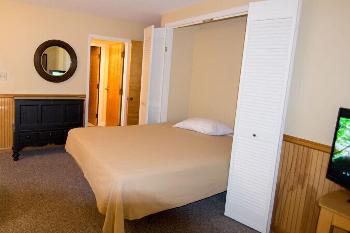 A bedroom with a bed, a dresser, a mirror, and a television.