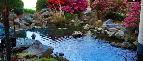 A serene garden with a pond, rocks, and flowering plants.