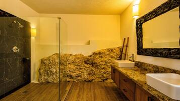 Combined shower/tub, hair dryer, towels