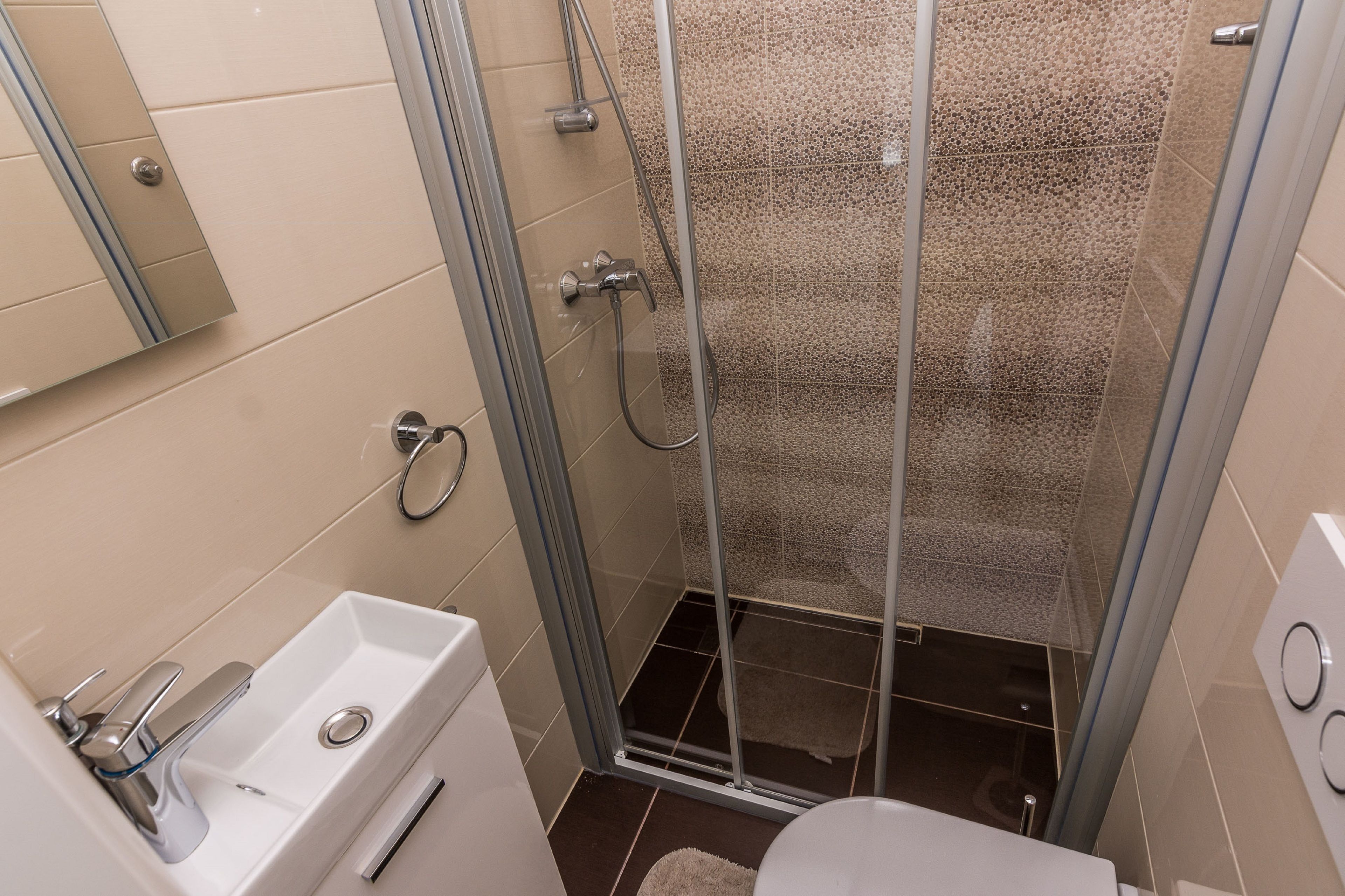 A modern bathroom with a glass shower enclosure, a white sink, and a toilet.
