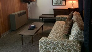 Un salón acogedor con sofá, una mesa de centro, televisor, lámpara y un espejo sobre una pared de ladrillo blanco.