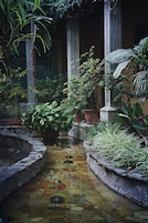 A stone pathway leading through a lush garden with various potted plants and a small water feature.