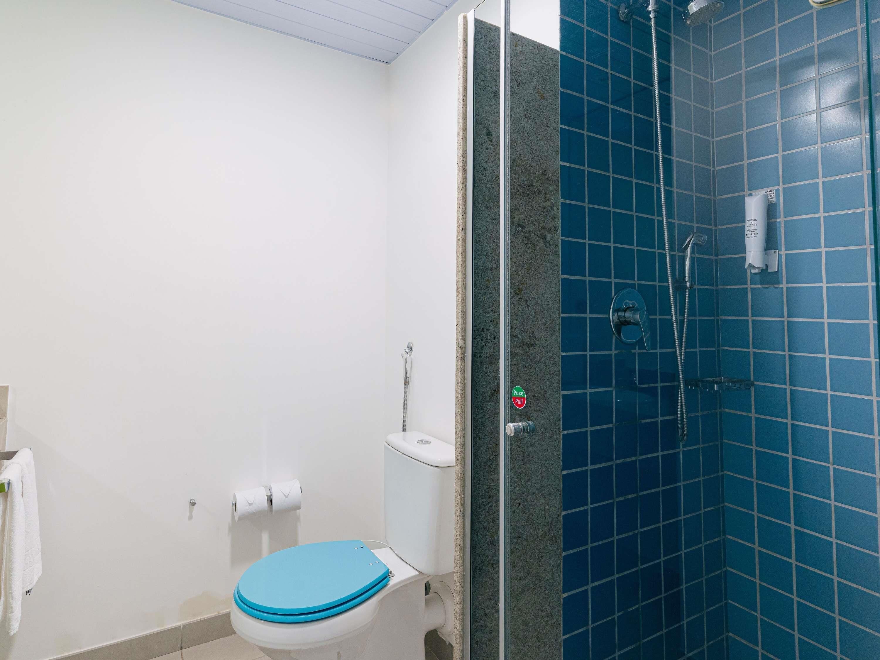 Ein Badezimmer mit Toilette, Dusche und einer Wand mit blauen Fliesen.