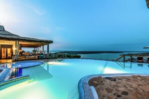 Outdoor pool, pool umbrellas, pool loungers