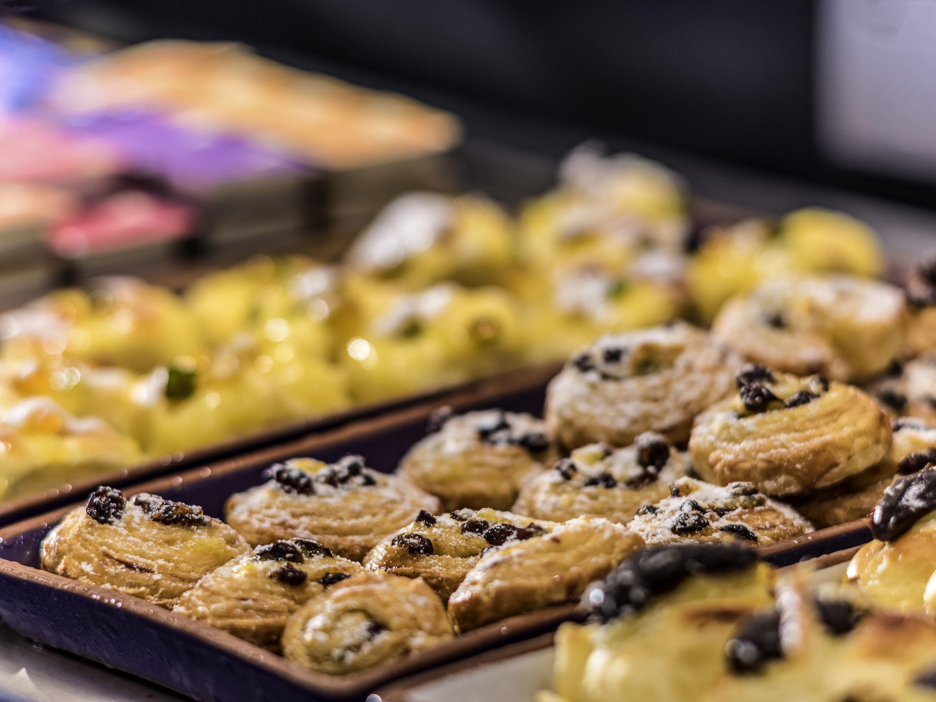 A variety of pastries displayed in a tray.