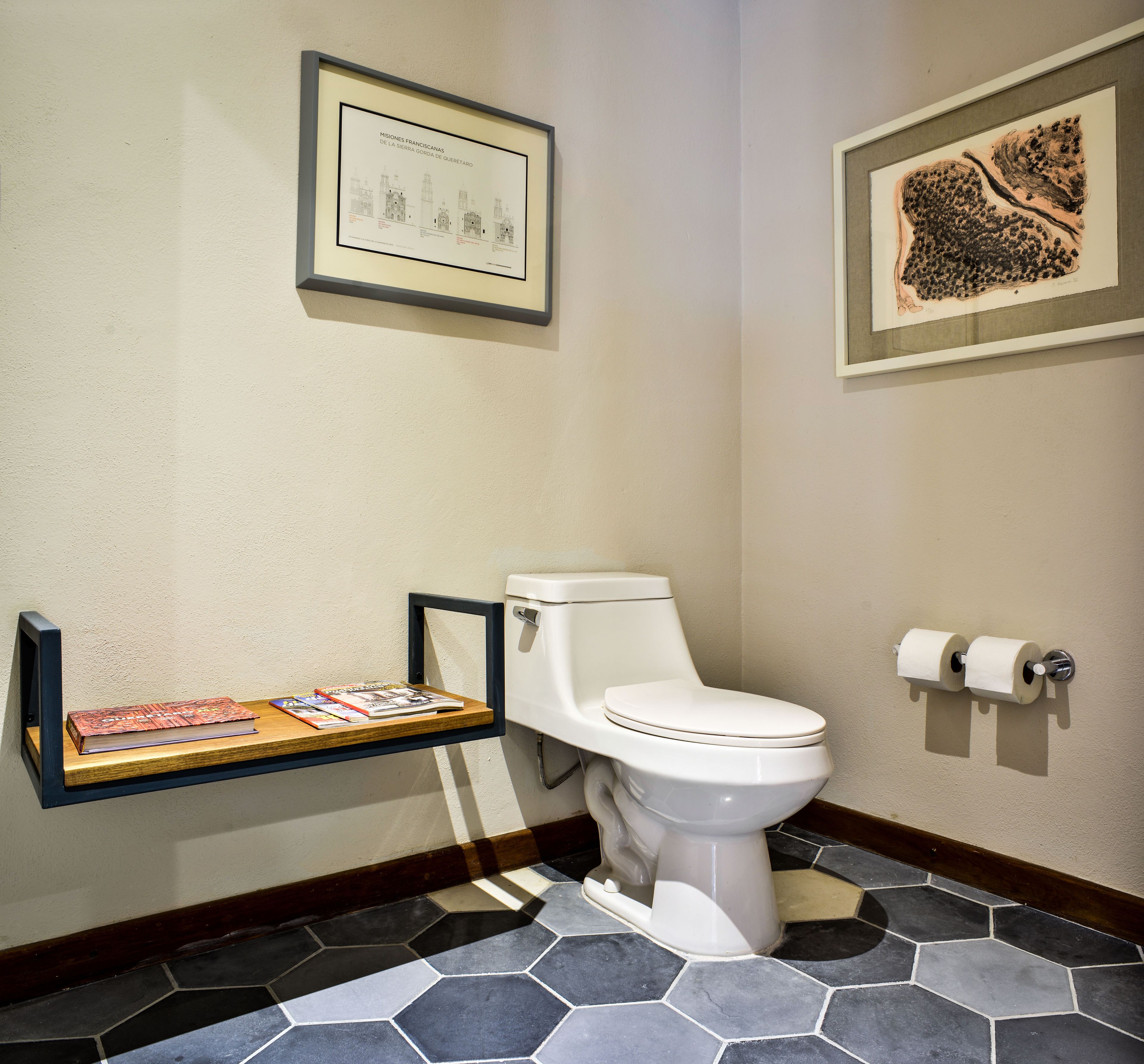 A bathroom with a toilet, a shelf with books, and two framed artworks on the walls.