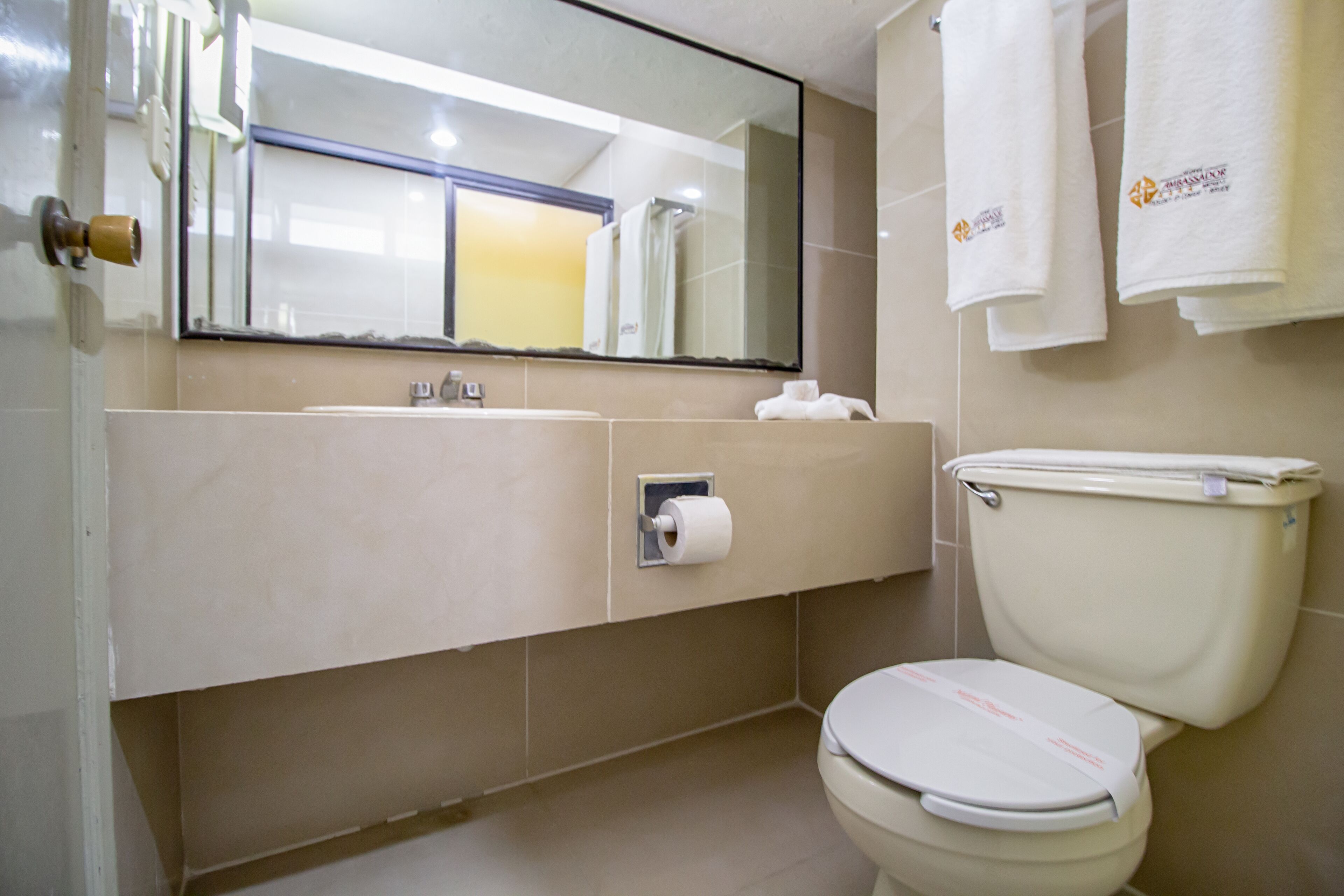 A bathroom with a toilet, sink, and mirror.