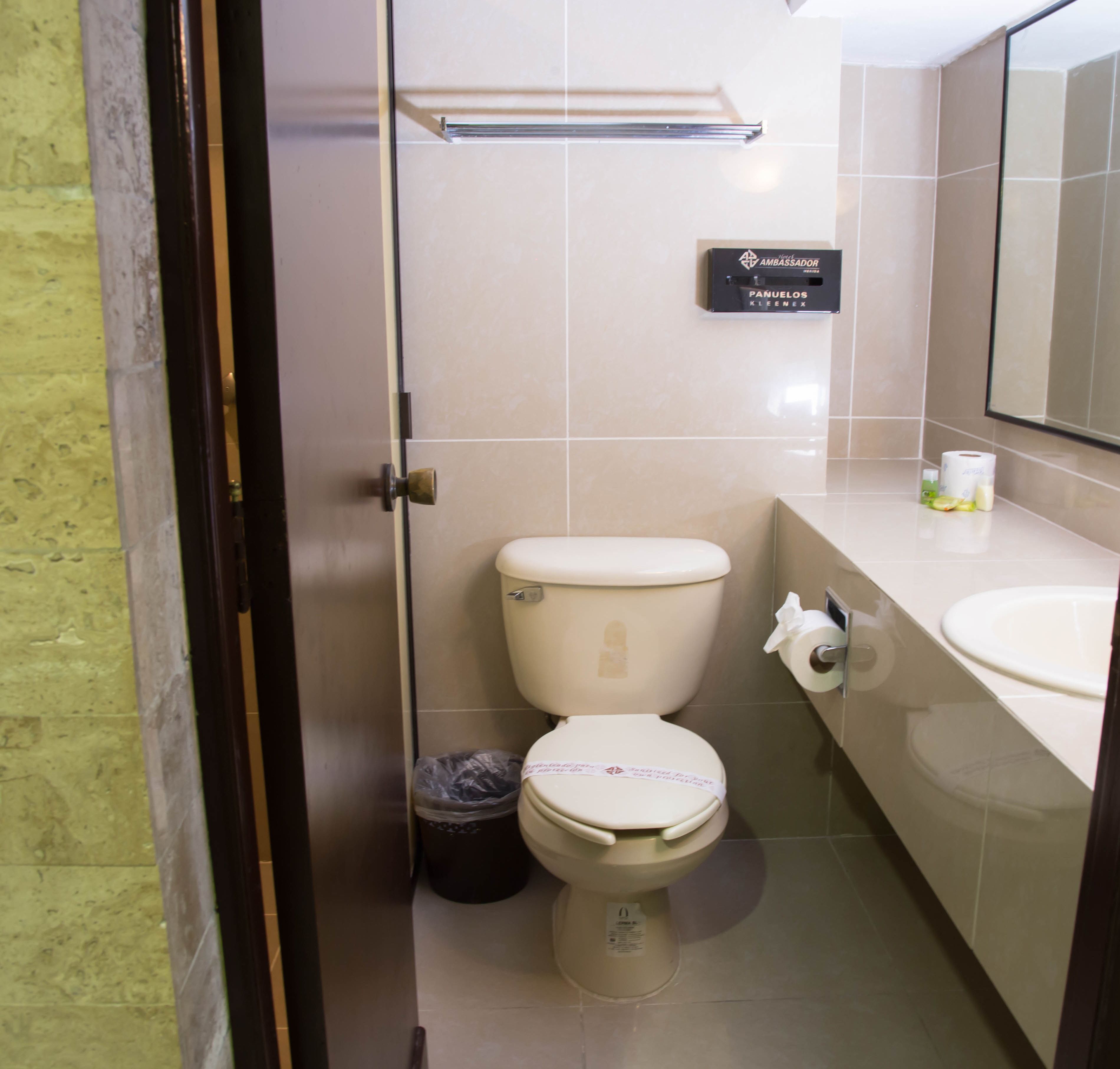 Un bagno piccolo con il water, un lavandino e un cestino.