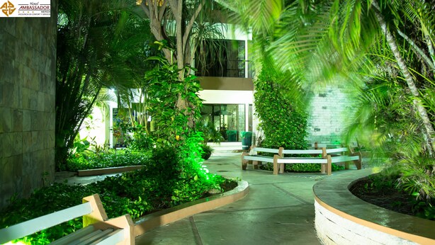 A courtyard with benches, lush greenery, and a building with large windows.