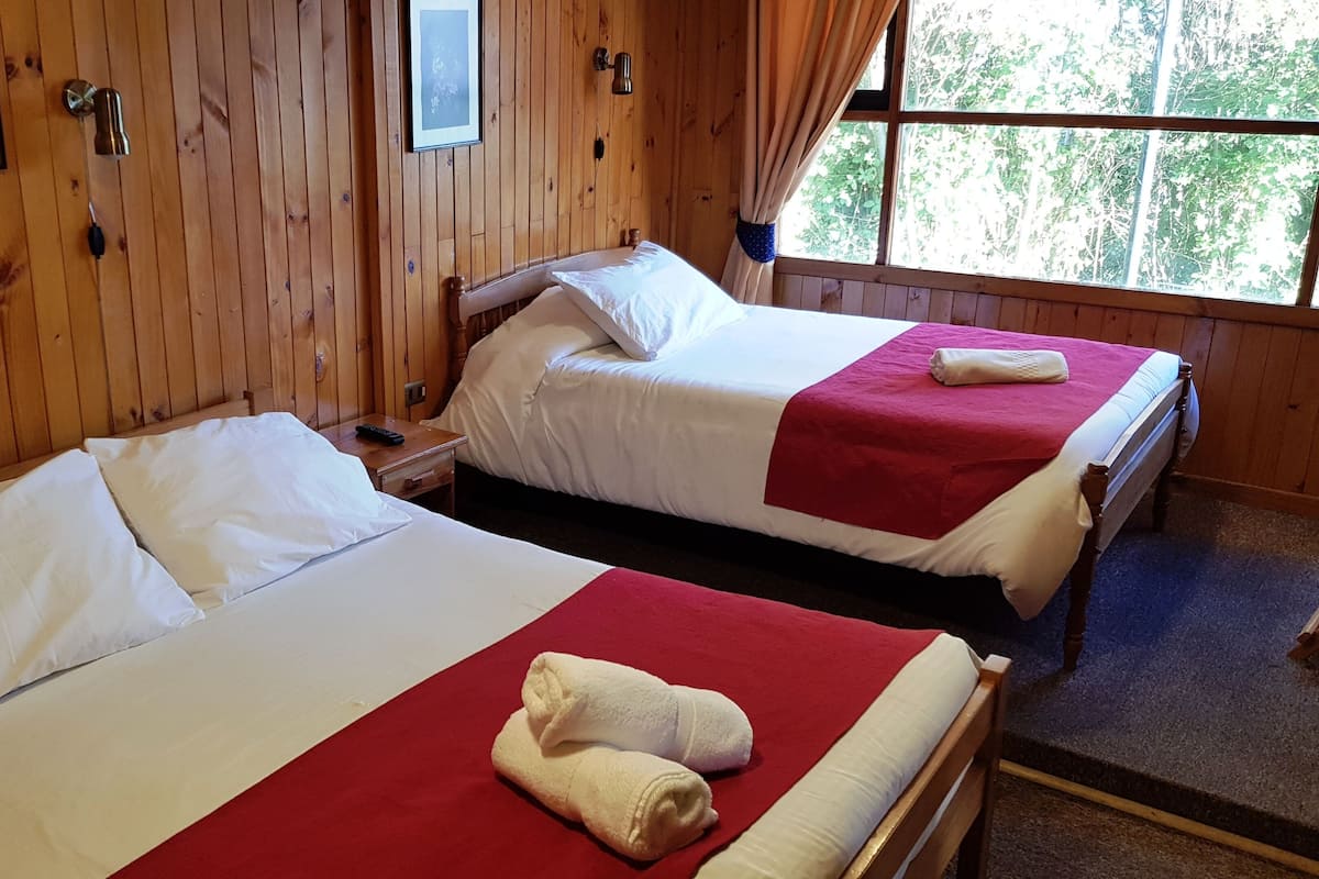 Two beds with white linens and red blankets, wooden walls, and a window with a view of trees.