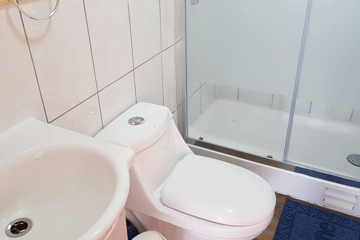 rainfall showerhead, free toiletries, hair dryer, towels