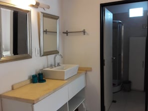 Departamento Deluxe, 1 habitación, cocina, vista al jardín | Baño | Regadera y toallas