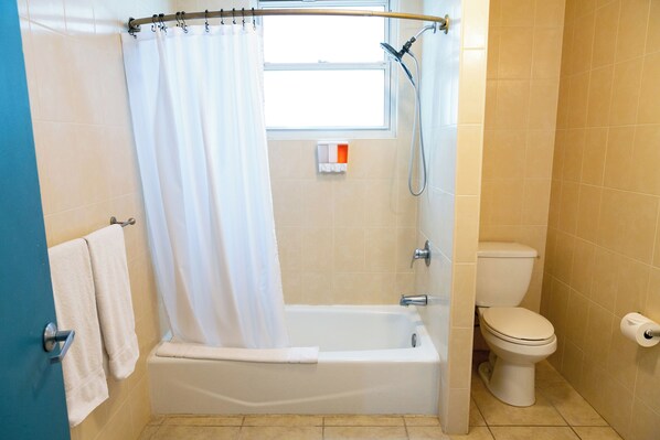 Une salle de bain avec une baignoire, des toilettes et une douche.