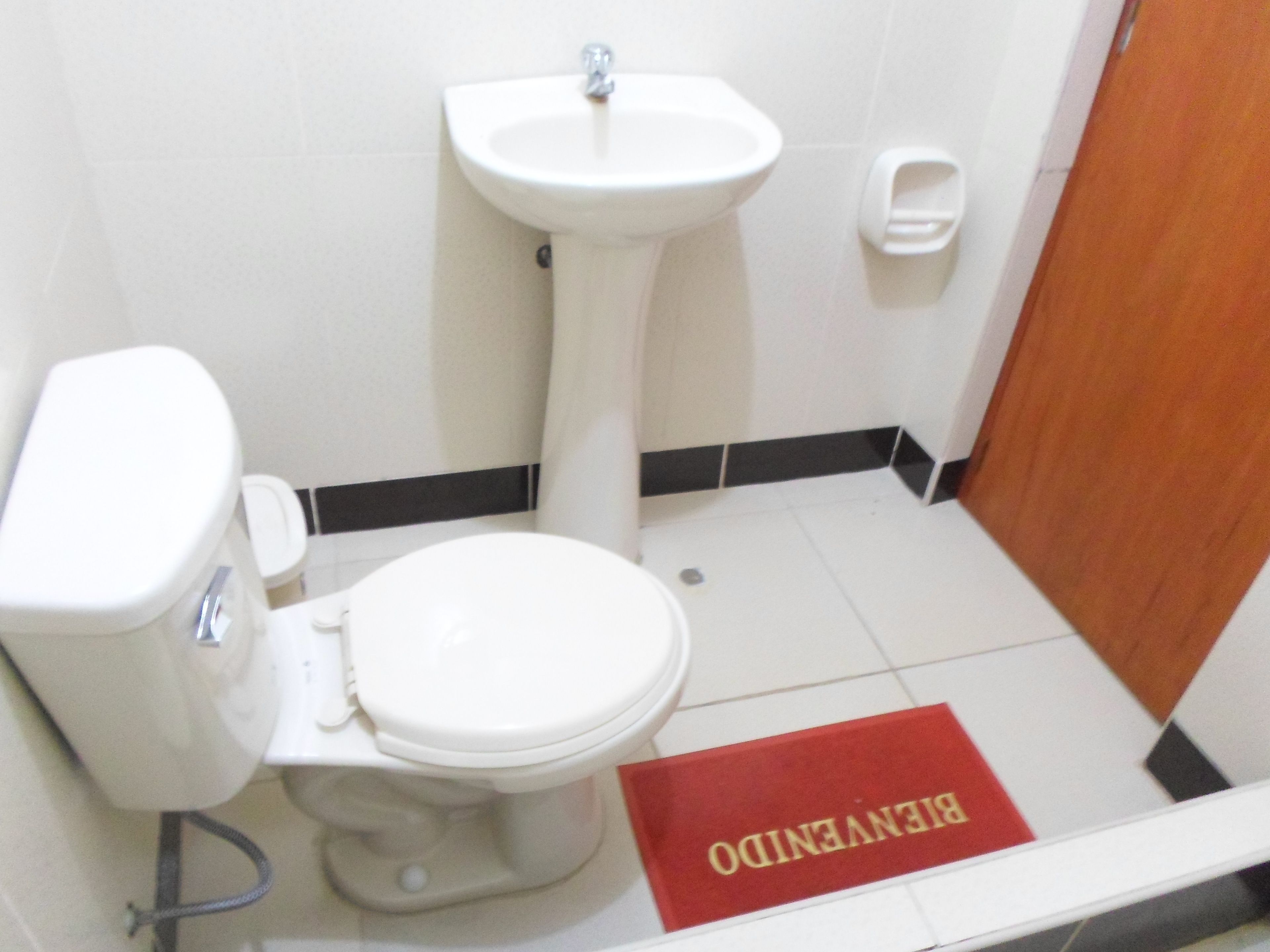 Ein Badezimmer mit Toilette, Waschbecken und einer roten Matte mit dem Schriftzug 'BIENVENIDO'.