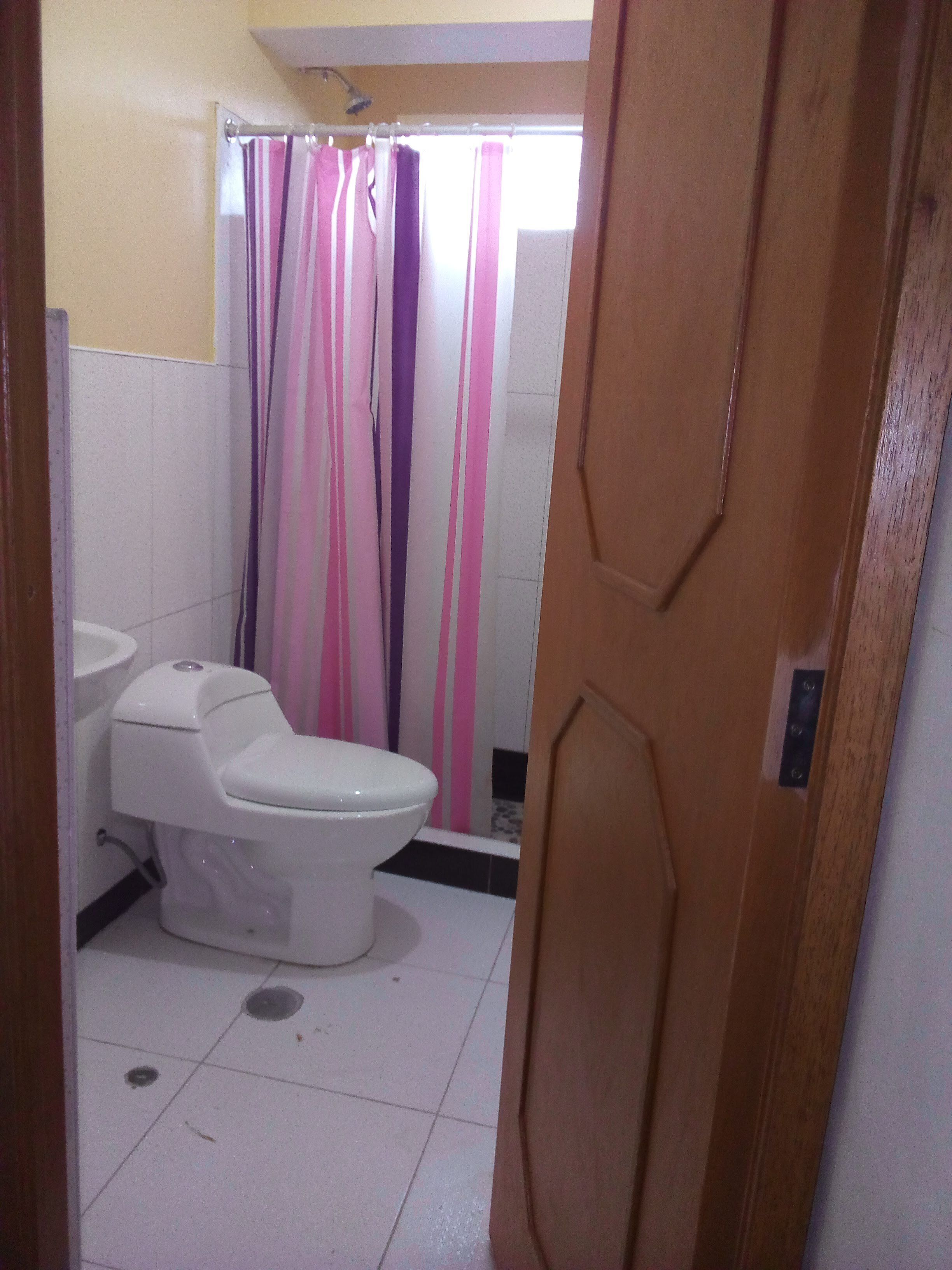 A small bathroom with a toilet, sink, and shower curtain.