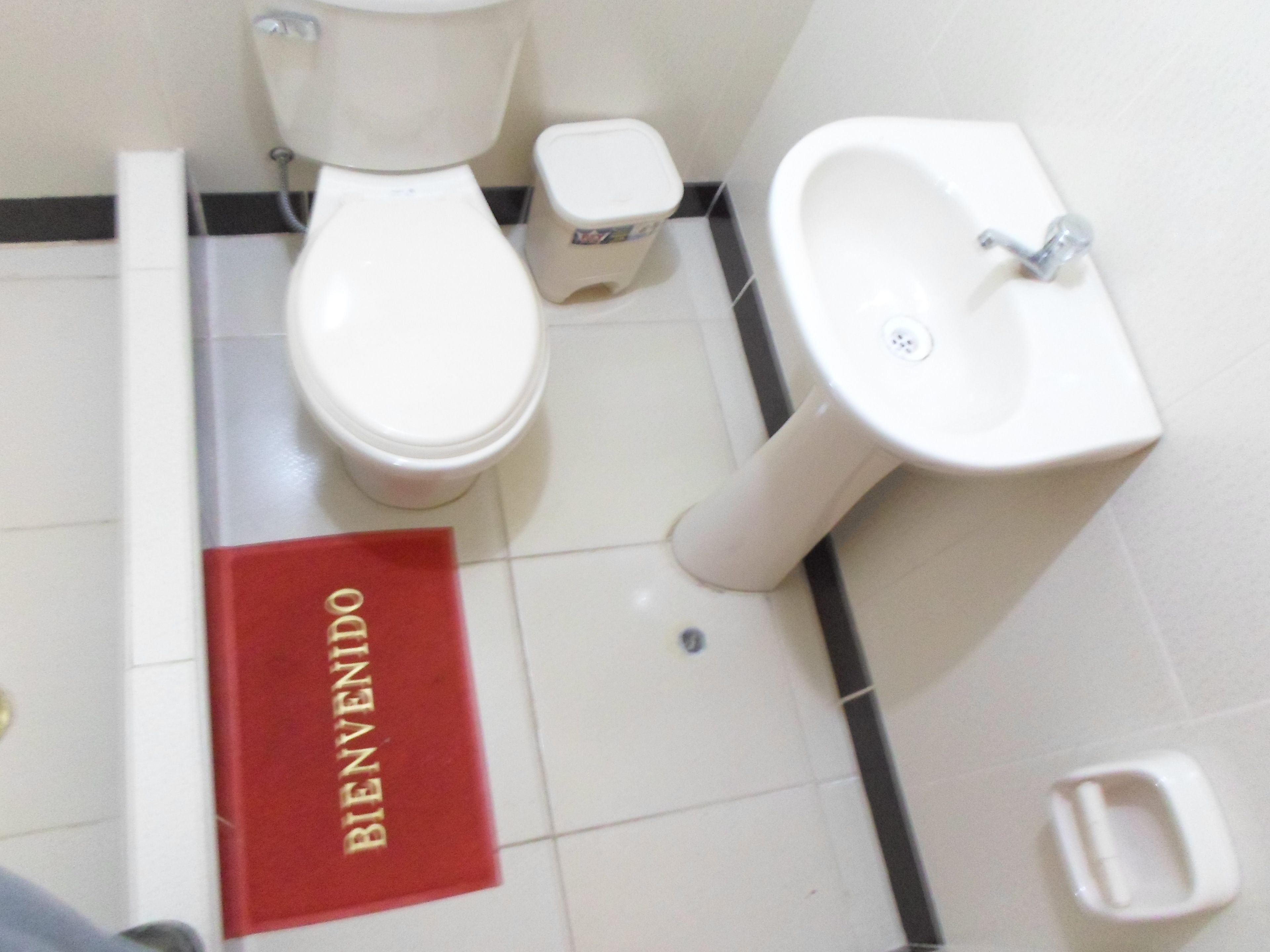 A bathroom with a toilet, bidet, and sink. A red welcome mat is visible.