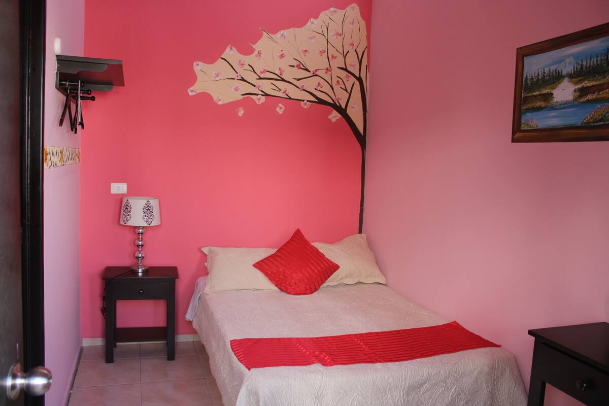 Ein Schlafzimmer mit rosa Wand, einem Bett mit weißer Bettwäsche und einer roten Decke, einem Nachttisch mit Lampe sowie einem Landschaftsbild.