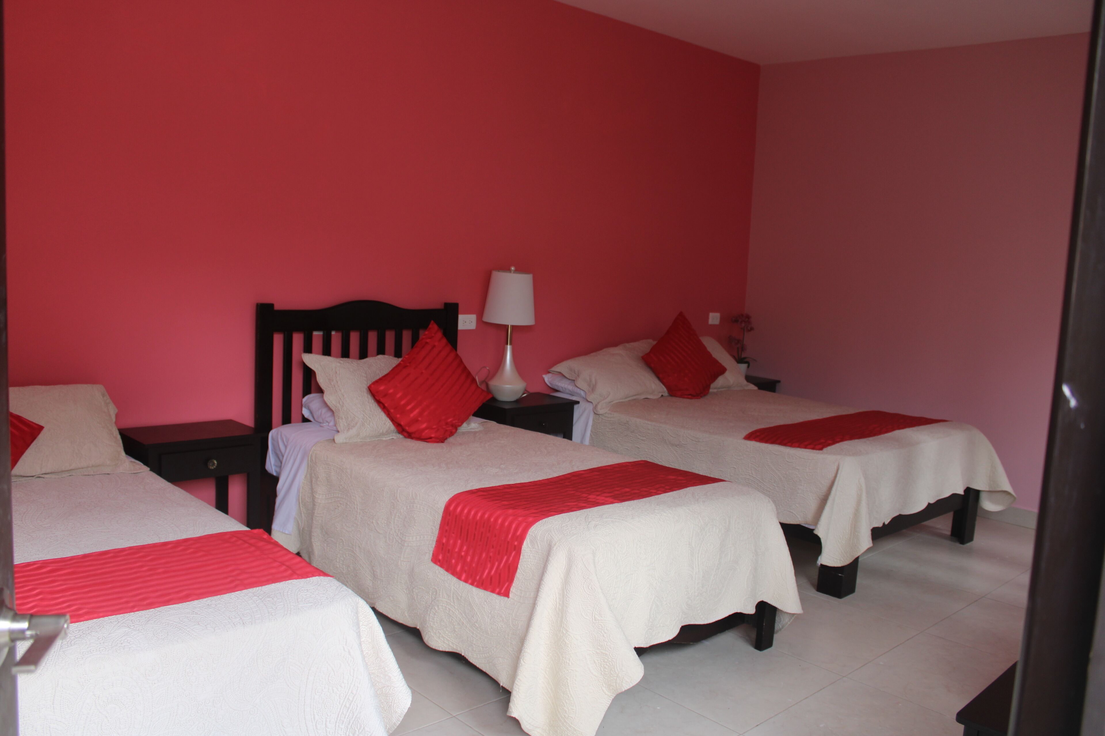 Una habitación de hotel con dos camas, cada una con una almohada roja decorativa y un edredón blanco. Hay una mesita de noche con una lámpara entre las camas.