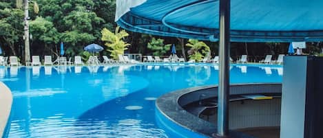 Outdoor pool, pool umbrellas, pool loungers