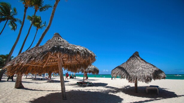 A beach with thatched umbrellas and palm trees. - Corales Colonial II With Private Beach,los Corales (Punta Cana)