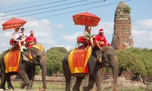 Tourists riding elephants with red umbrellas, a temple in the background. - Pludhaya Resort & Spa (Ayutthaya)