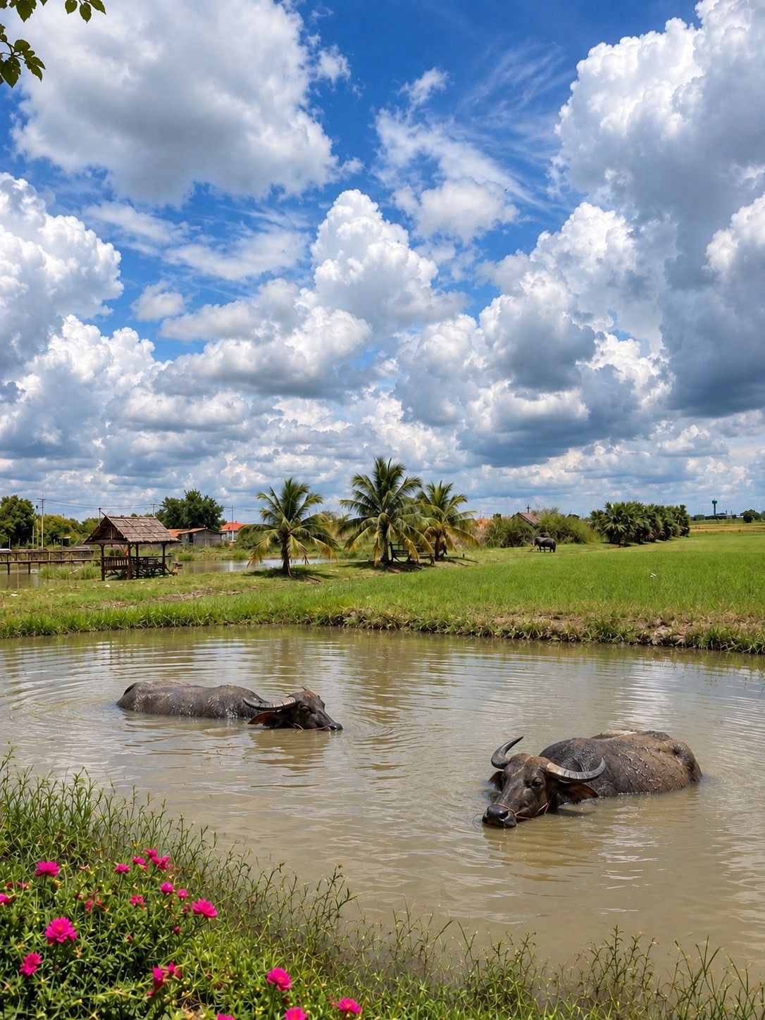 Paisaje rural con masa de agua, vegetación y cielo despejado.