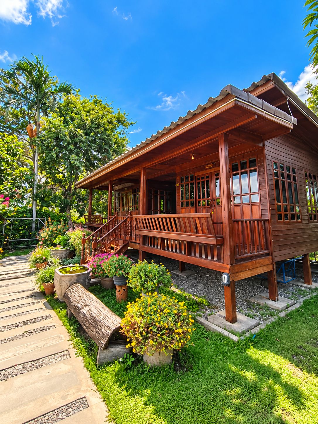 A wooden house with a porch, potted plants, and a stone pathway.