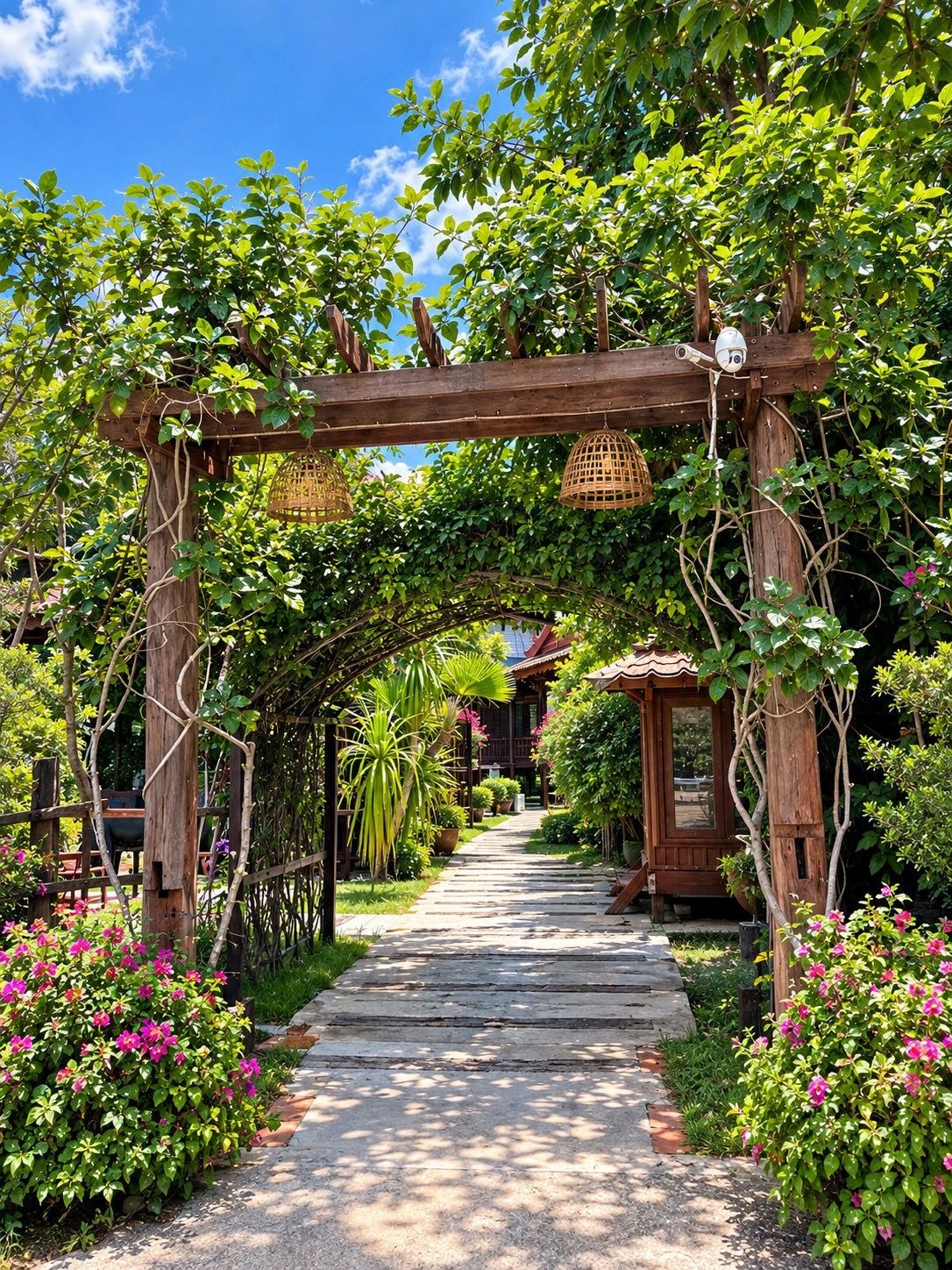 A wooden archway with hanging baskets and a pathway leading to a building.