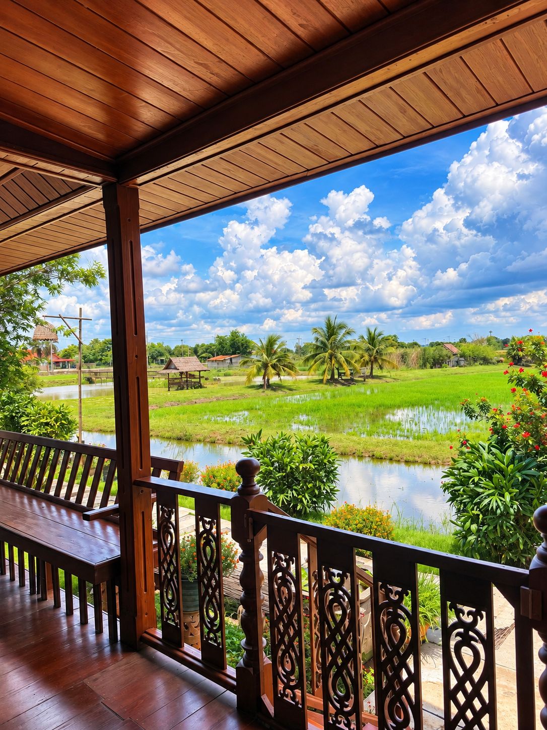 Una terraza de madera con vistas a un campo verde y un estanque.