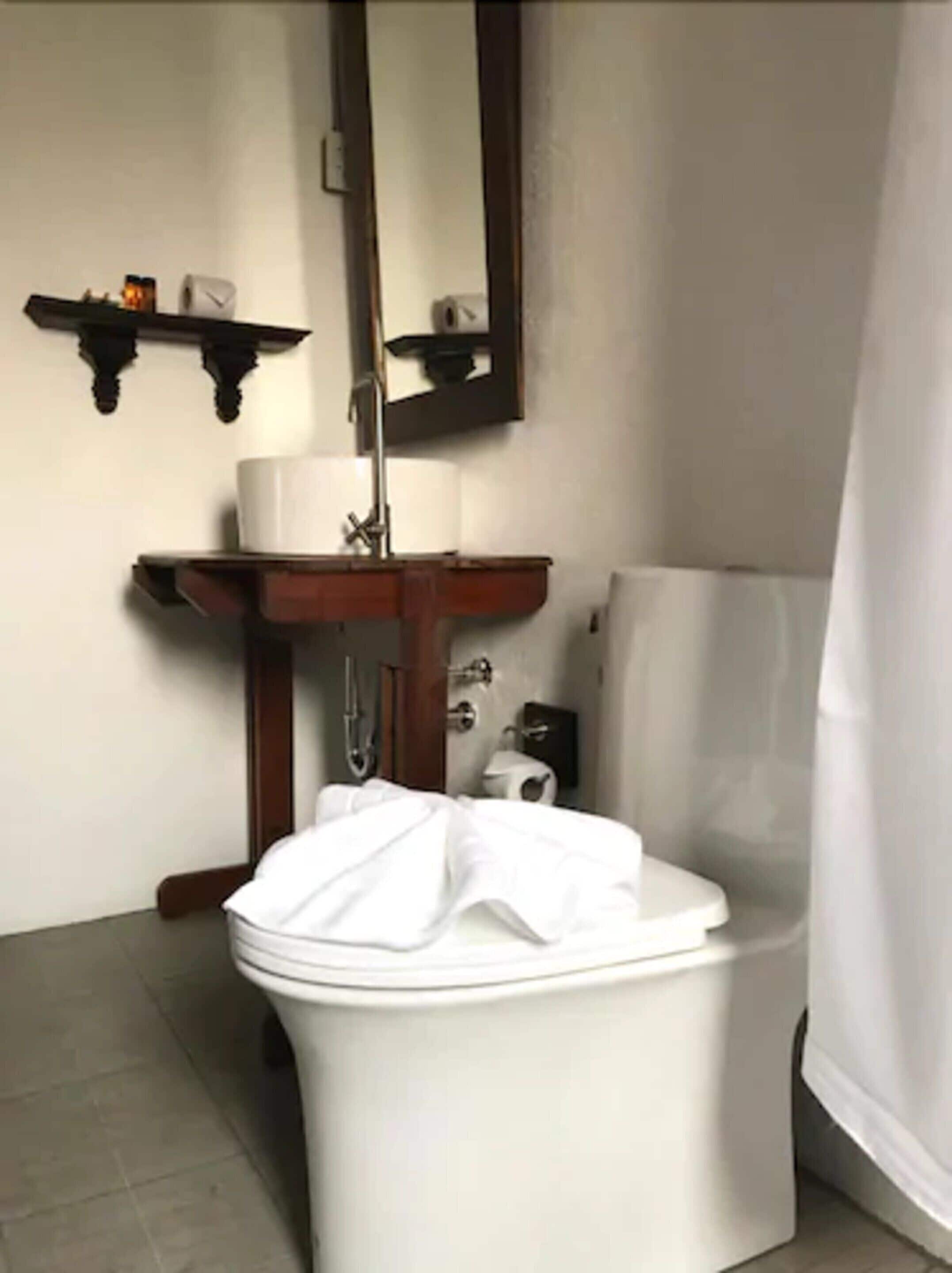 Une salle de bain avec des toilettes, un lavabo et un miroir.