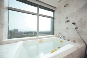 A bathroom with a large bathtub, a window with a city view, and a shower with a handheld showerhead.