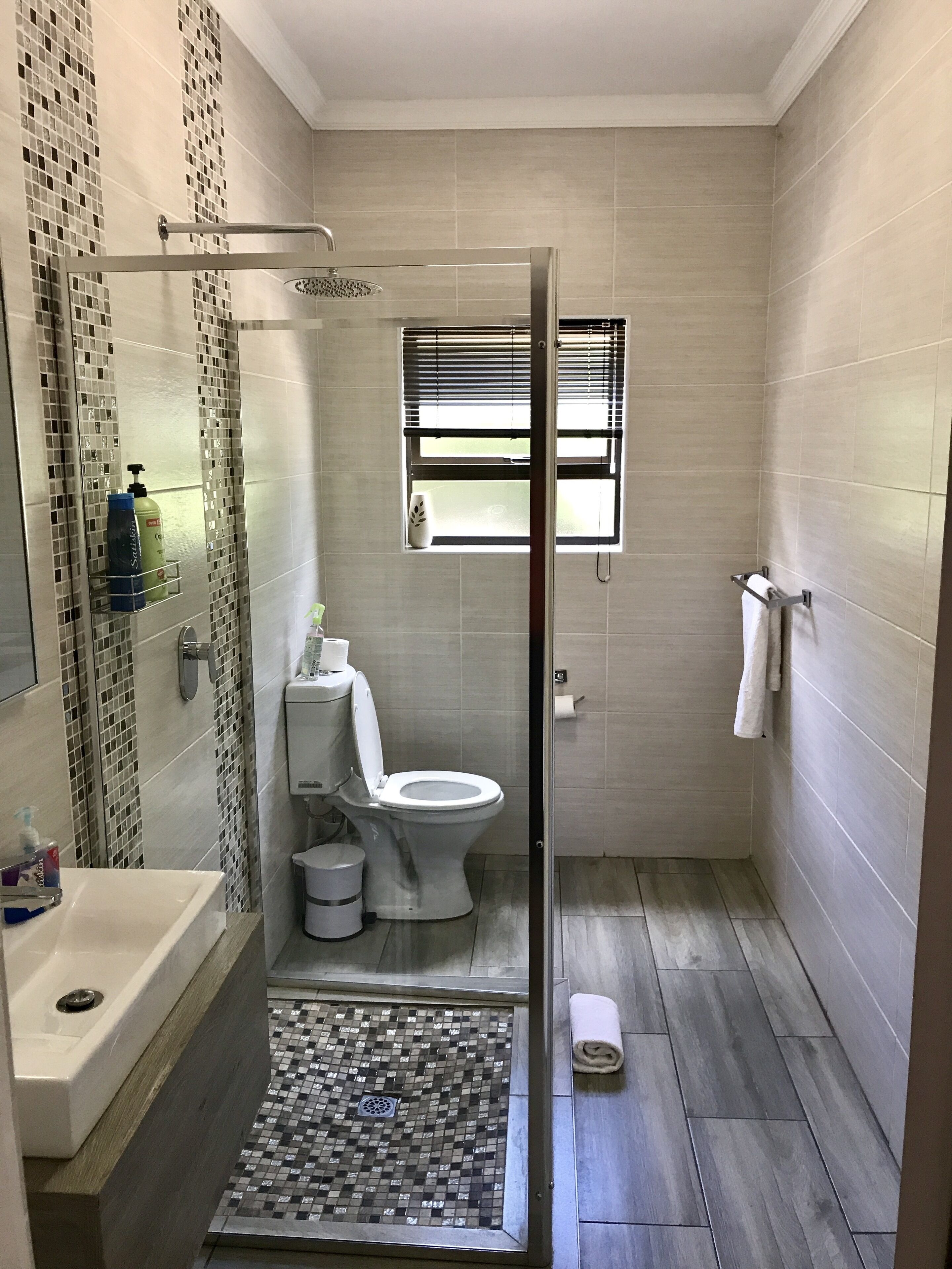 Une salle de bain avec douche, toilettes et lavabo.