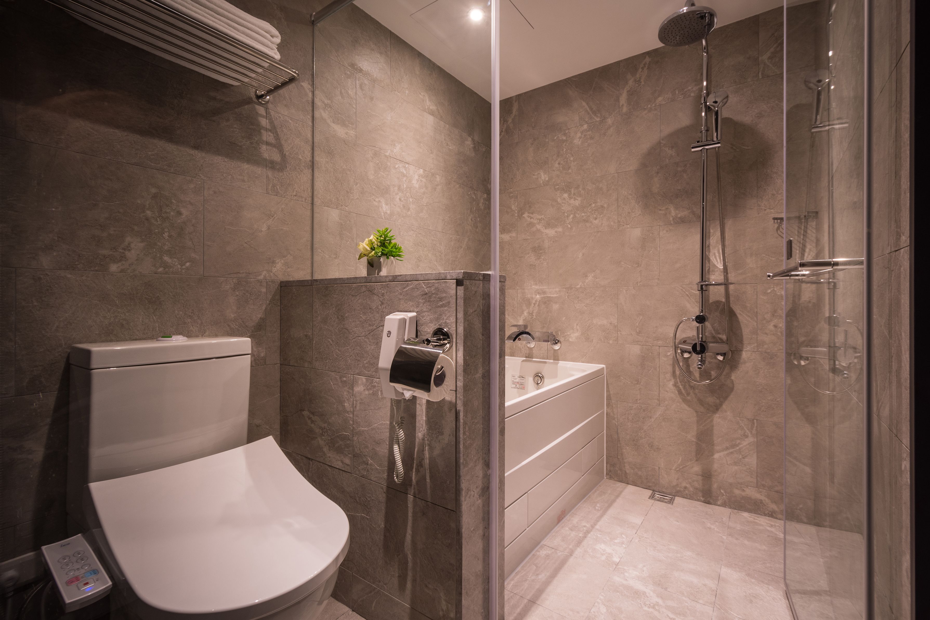 A modern bathroom with a toilet, a glass shower enclosure, and a sink.