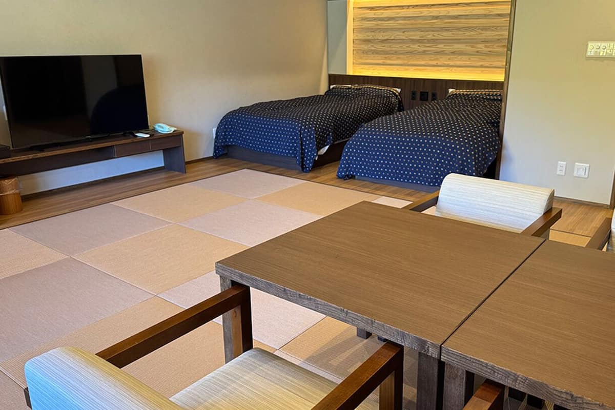 A room with a TV, two beds with patterned bedding, a wooden table, and a tatami mat floor.