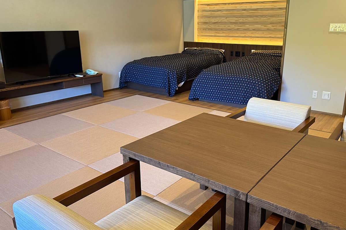 A room with a TV, two beds with patterned bedding, a wooden table, and a tatami mat floor.