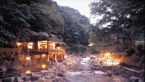 A traditional Japanese ryokan with a river running through it, surrounded by rocks and trees.