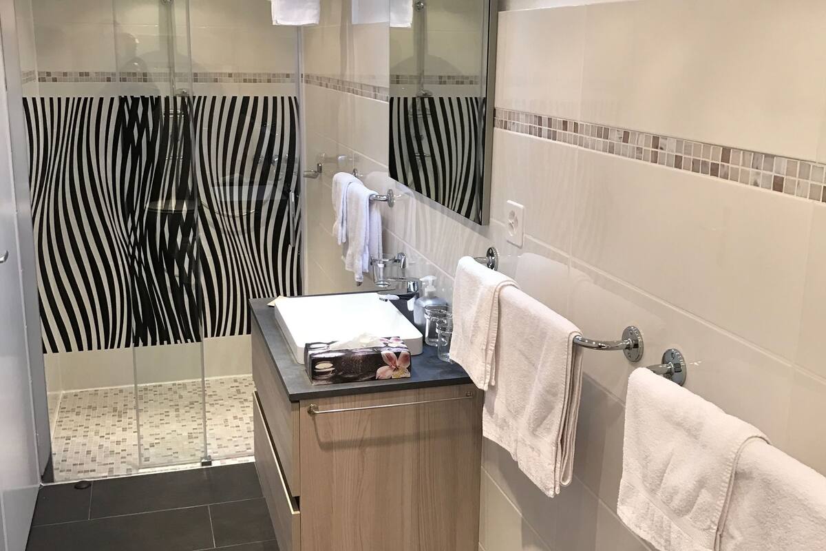 family room, 2 bedrooms, lake view | bathroom | shower, rainfall showerhead, free toiletries, towels