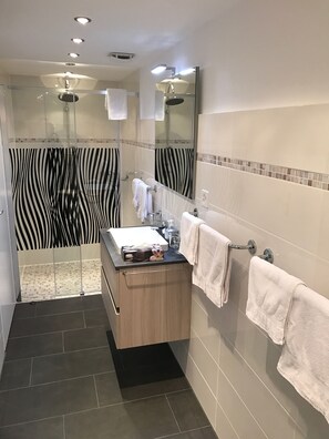 Familiekamer, 2 slaapkamers, uitzicht op meer | Badkamer | Een douche, een regendouche, gratis toiletartikelen, handdoeken