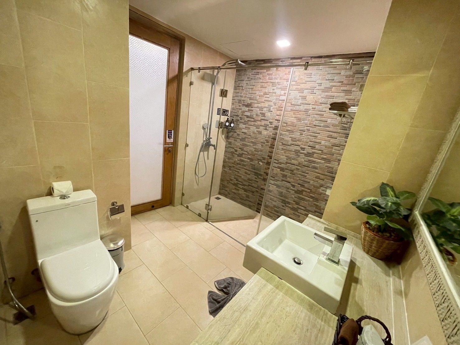 Un baño con inodoro, ducha y lavabo.
