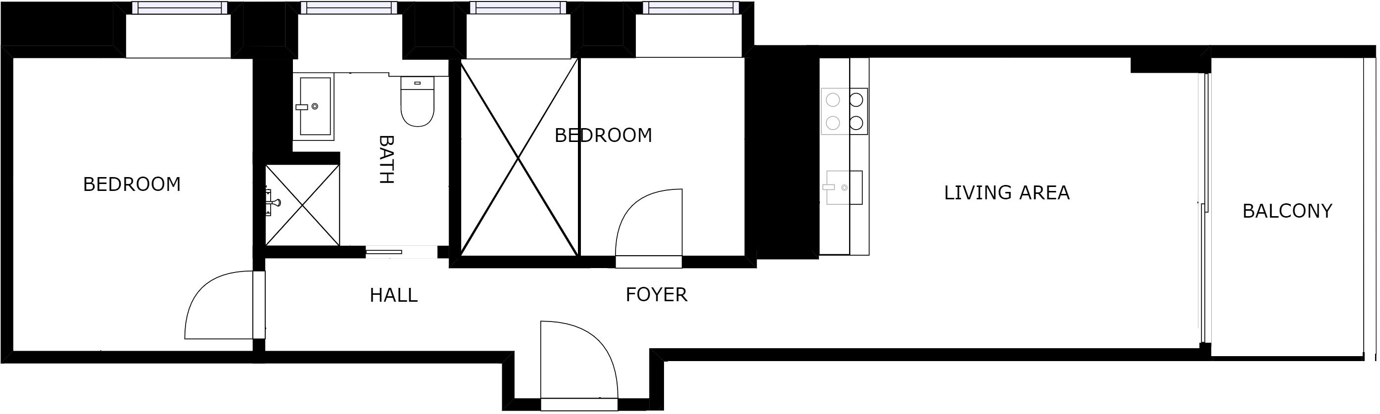 A floor plan with a bedroom, bathroom, foyer, hall, living area, and balcony.
