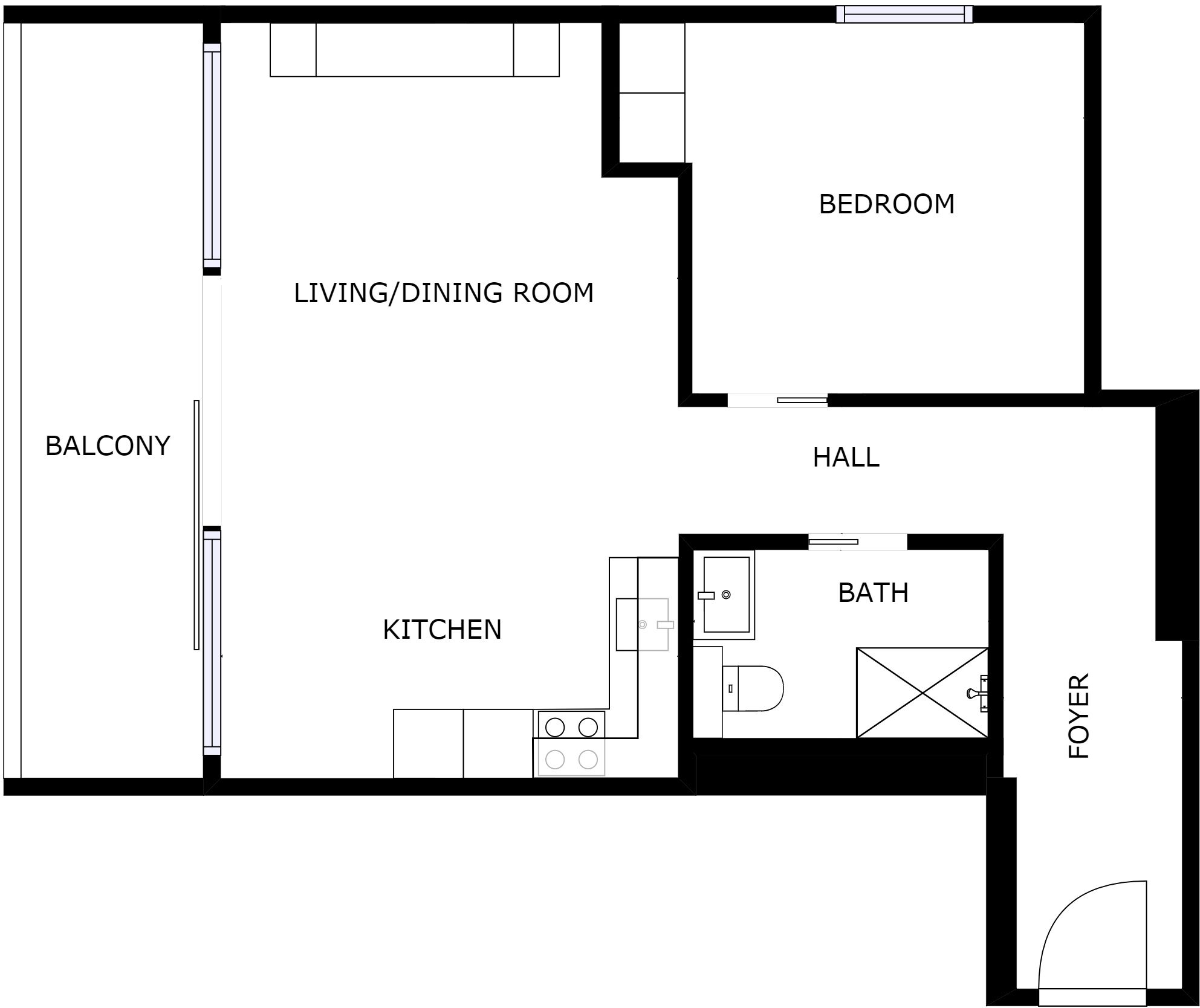 Un plan d’étage comprenant un salon/salle à manger, une chambre, un balcon, une cuisine, un hall, une salle de bain et un vestibule.