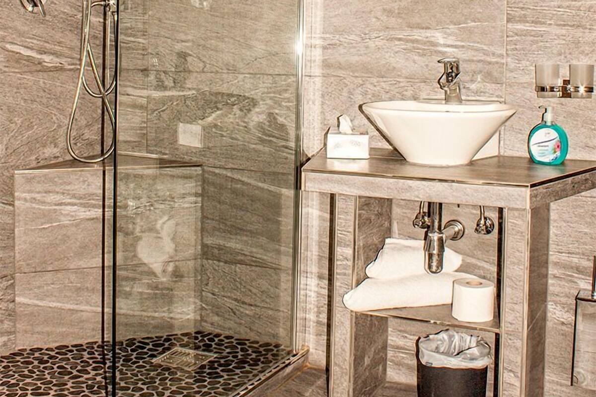 Shower, free toiletries, hair dryer, towels