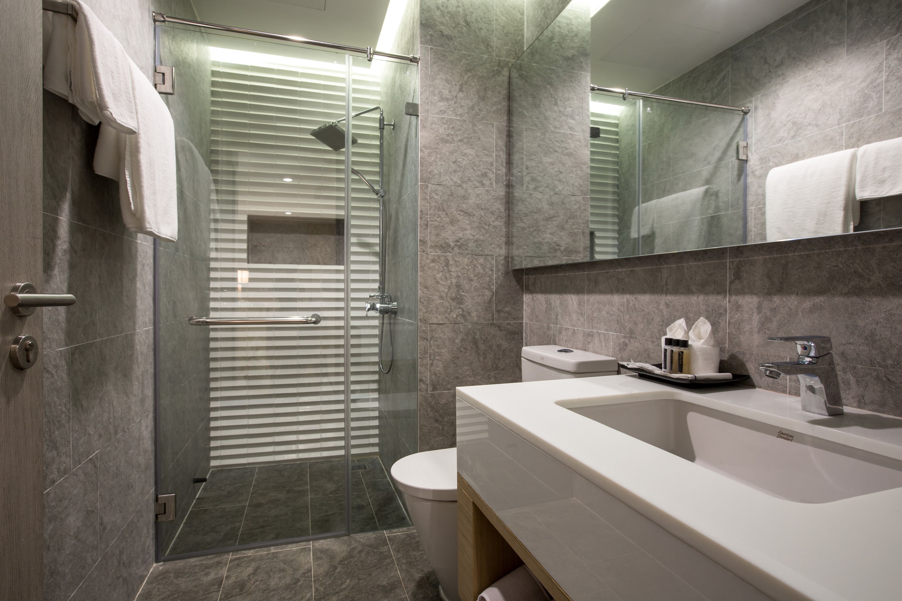 rainfall showerhead, free toiletries, hair dryer, bathrobes