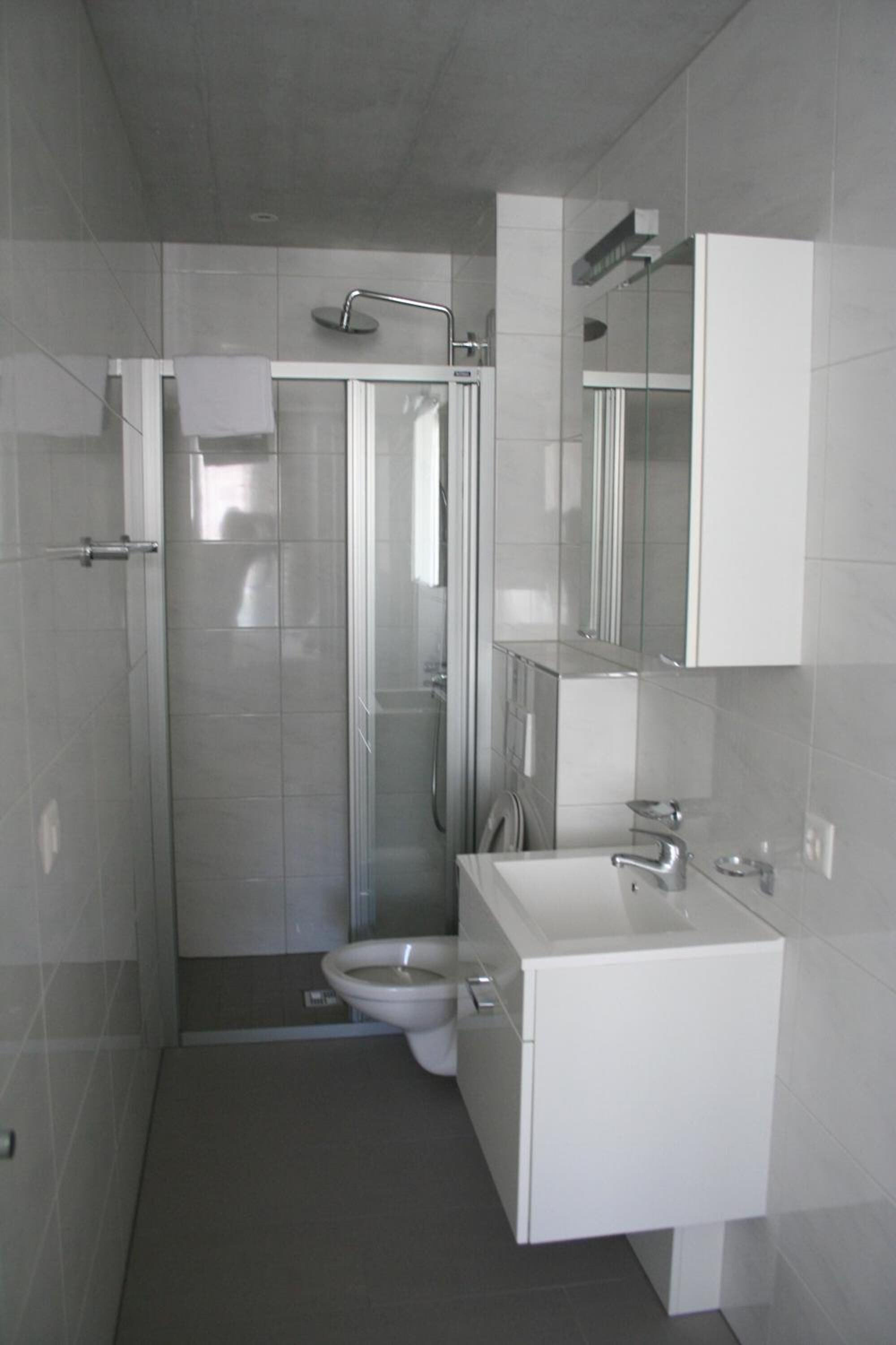 A modern bathroom with a shower, toilet, and vanity.