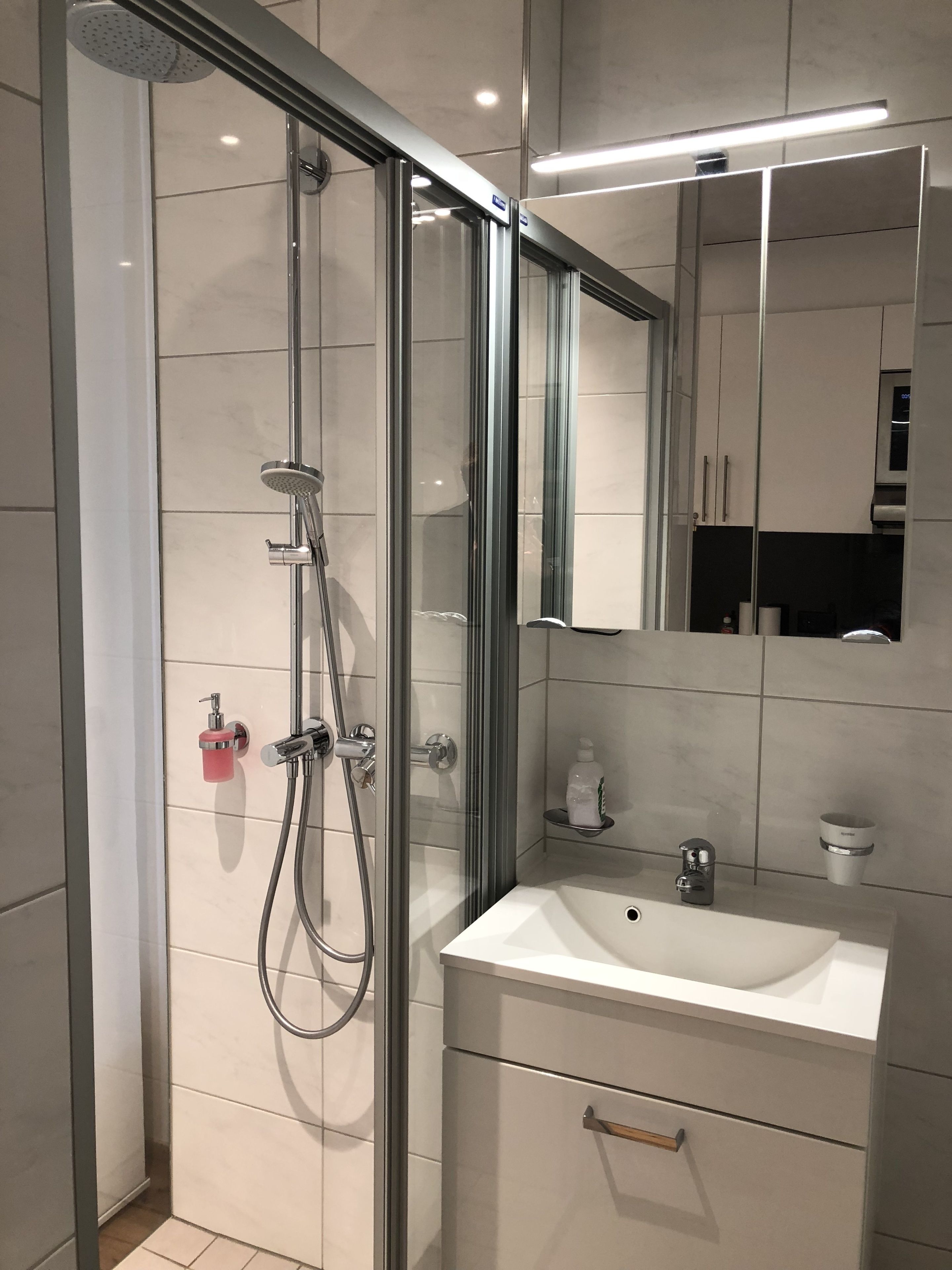 Une salle de bain moderne avec une douche à parois de verre, un lavabo blanc et un miroir au-dessus du lavabo.