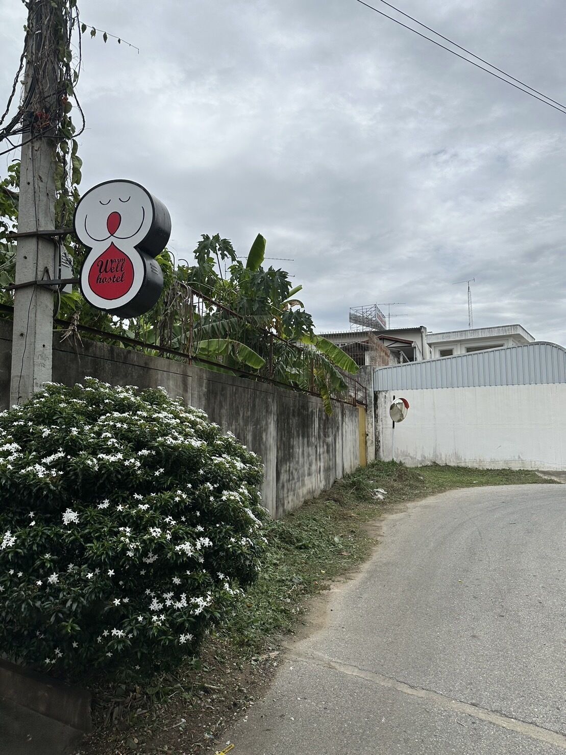 A hostel sign with a face and the text "Well hostel" on a pole.