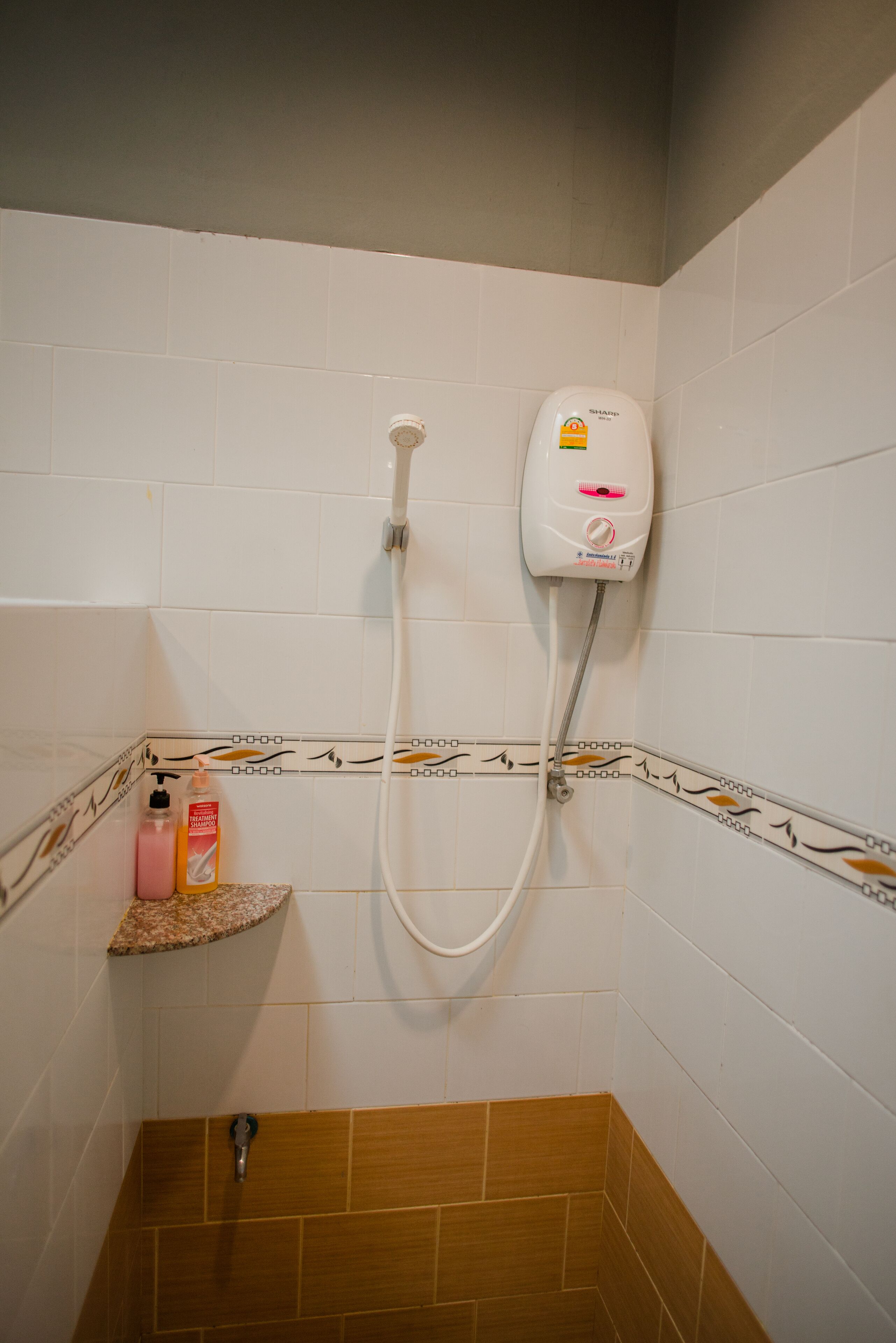 A bathroom with a shower, a soap dispenser, and a shelf with toiletries.