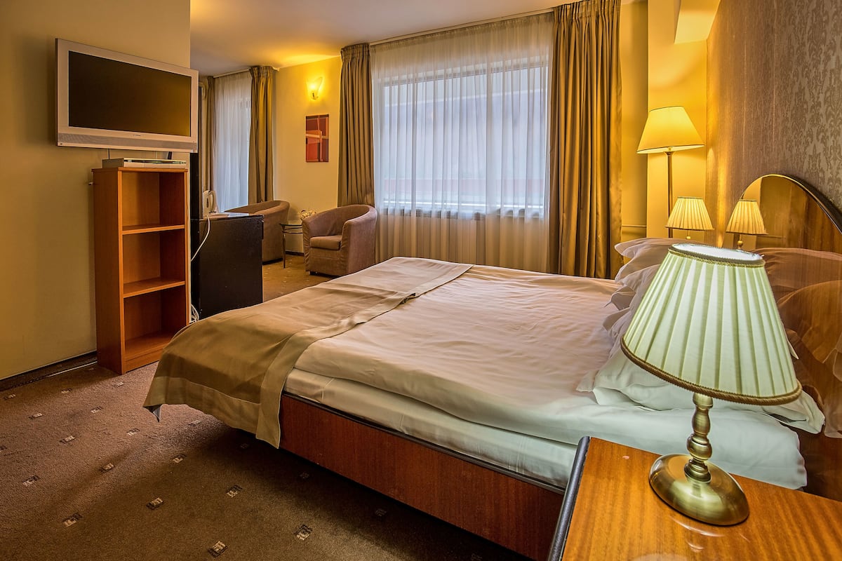 A hotel room with a bed, a desk, a chair, a TV, and a window with curtains.