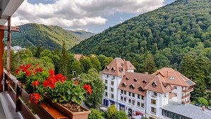 A hotel with a traditional European architectural style, featuring multiple stories and a prominent balcony with red flowers. - Hotel Sinaia (Sinaia)