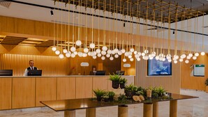 A reception desk with a wooden finish, a modern hanging light fixture, and a table with potted plants. - Hotel Sinaia (Sinaia)